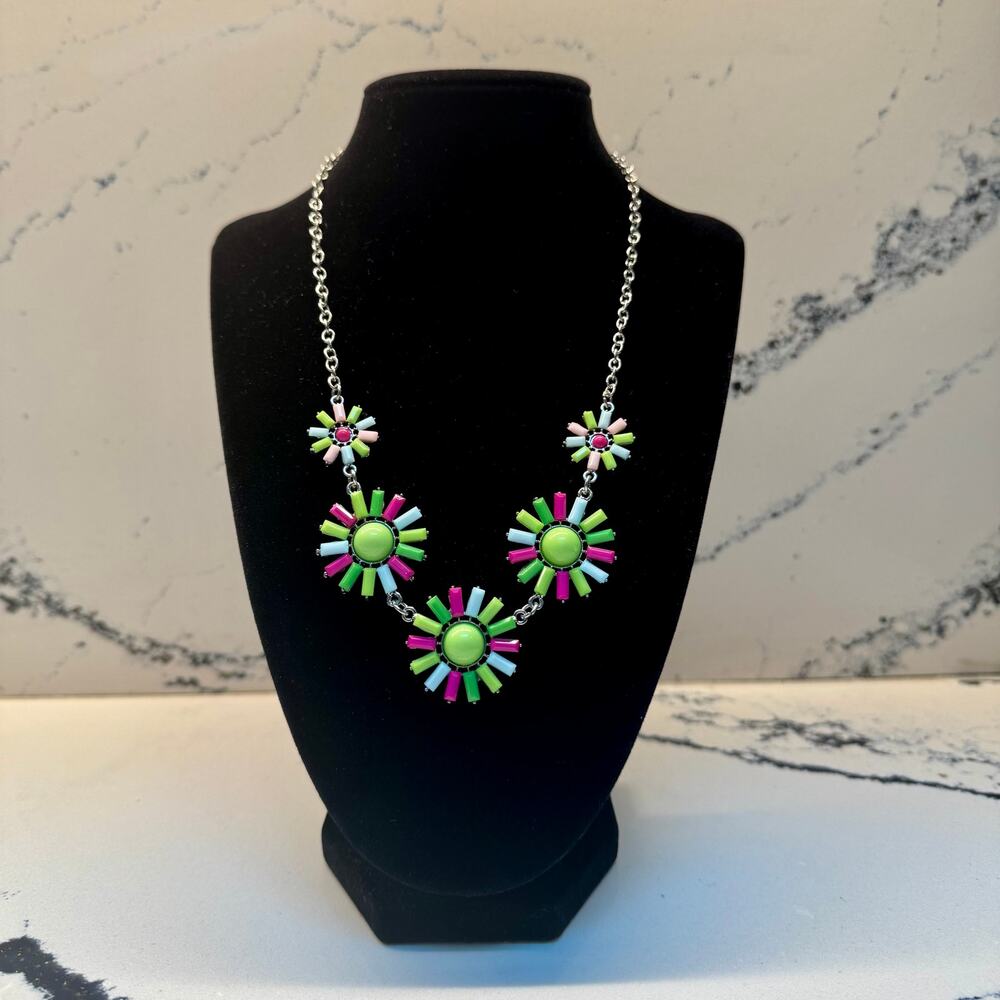 Multicolor Floral Sunburst Statement Necklace Silver Tone